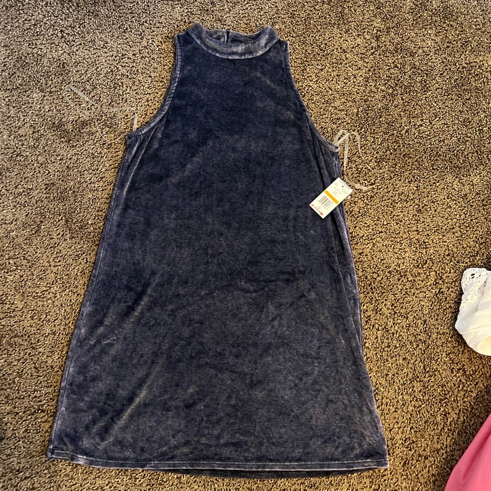 Grey Blue Velvet Mock Turtleneck Tank Dress